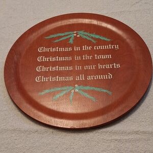 Festive Wooden Christmas Plate with Green Accents
